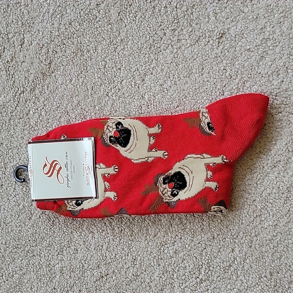 ANTLER PUG WOMENS CREW SOCKS Red Reindeer SockSmith
